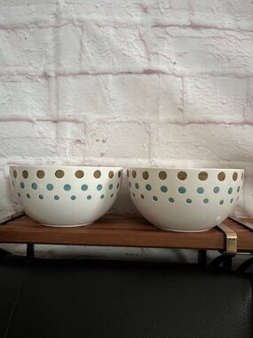 Rachael Ray White Ceramic Bowls with Teal and Gold Polka Dots (Set of 2)